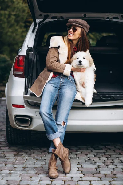 Woman Dog Car — Stock Photo, Image
