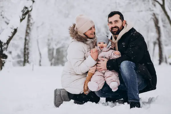 Young Family Little Daughter Winter Forest Full Snow — Stock Photo, Image