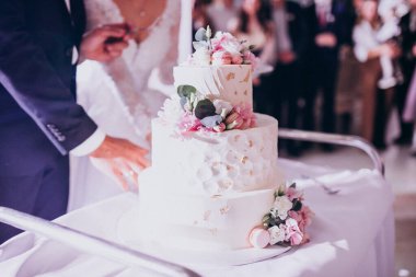 Wedding couple cutting their wedding cake clipart