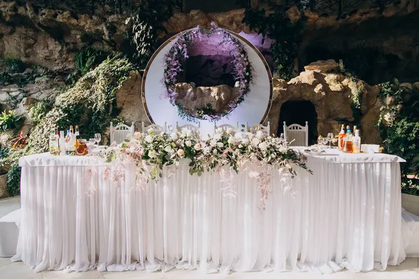 Decorated tables at a luxury wedding restaurant
