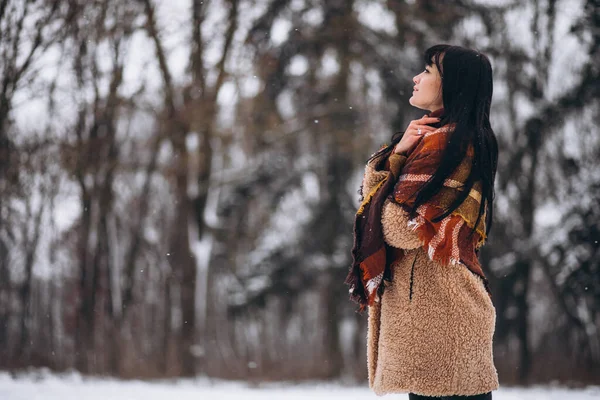 冬の公園で暖かい布で幸せな若い女性 — ストック写真