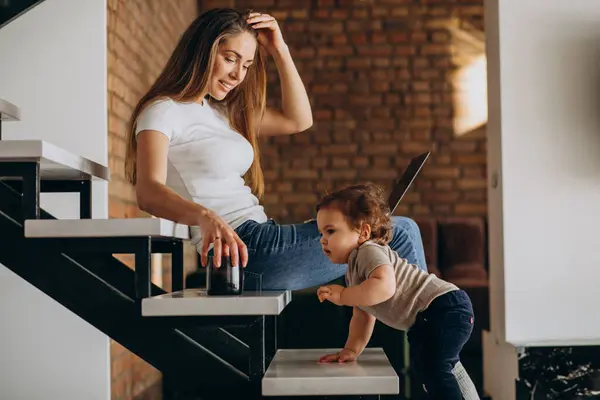 Young Mother Working Home Laptop Her Little Son — Stock Photo, Image