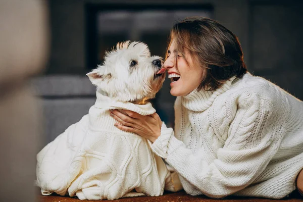 Young Woman Her Cute Dog Wearing Warm Sweaters — Stock Photo, Image