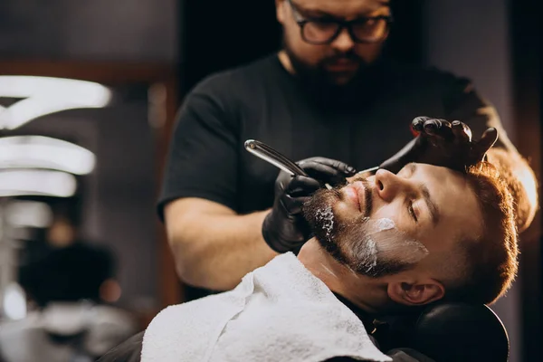 Handsome Man Cutting Beard Barber Shop Salon — Stock Photo, Image