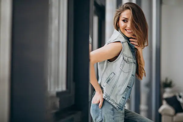 Young Sexy Woman Home Denim Outfit — Stock Photo, Image