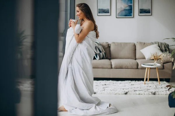 Young Woman Home Covered Blanket — Stock Photo, Image