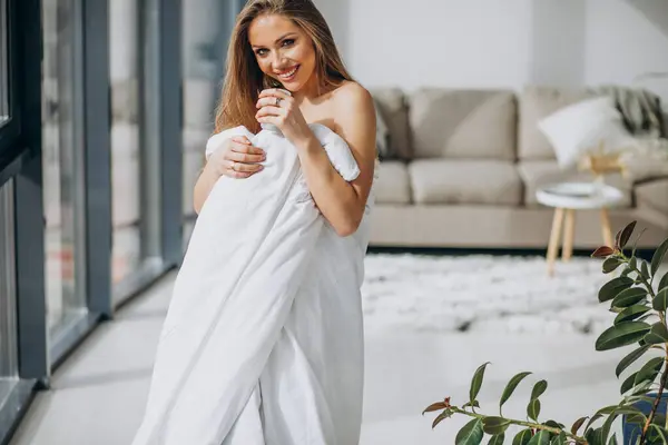 Young Woman Home Covered Blanket — Stock Photo, Image