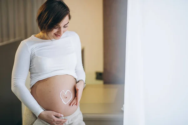Pregnant Woman Applying Cream Belly Prevent Stretches — Stock Photo, Image