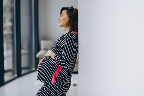 Young Pregnant Woman Pajamas Home Window — Stock Photo, Image