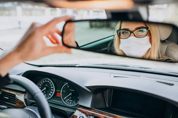 Business Woman Protection Mask Sitting Car — Stock Photo, Image