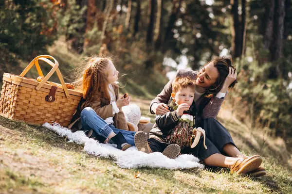 Mother Kids Having Picnic Forest — Stock Photo, Image