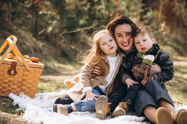 Mutter Mit Kindern Beim Picknick Wald — Stockfoto