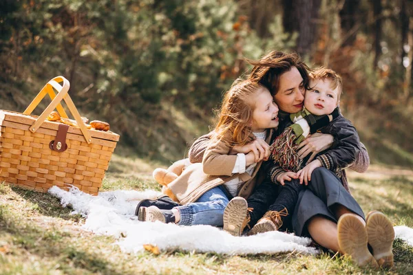 Mutter Mit Kindern Beim Picknick Wald — Stockfoto