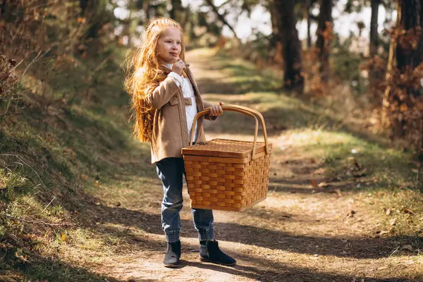 Kleines Mädchen Mit Großer Picknickbox Wald — Stockfoto