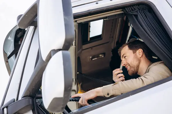 Truck Driver Sitting Cab His Lorry — Stock Photo, Image