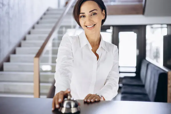 Business Woman Hotel Lobby Rings Counter Bell — Stock Photo, Image