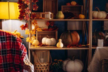 Samanlı, sepetli ve rahat koltuklu balkabağı süslemeleri.