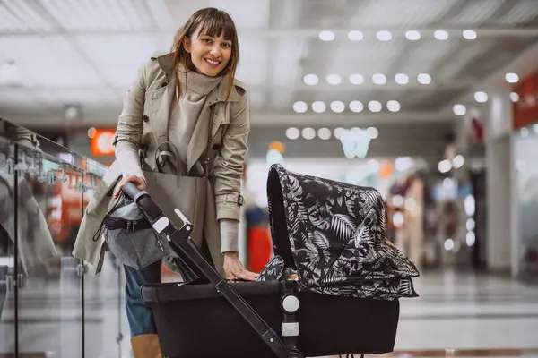 Woman Baby Carriage Shopping Mall — Stock Photo, Image