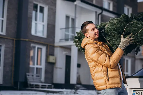 Padre Llevando Árbol Navidad Casa — Foto de Stock