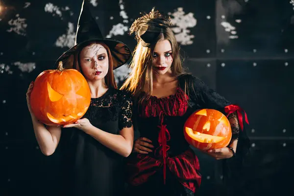 Two Girls Halloween Costumes Studio — Stock Photo, Image