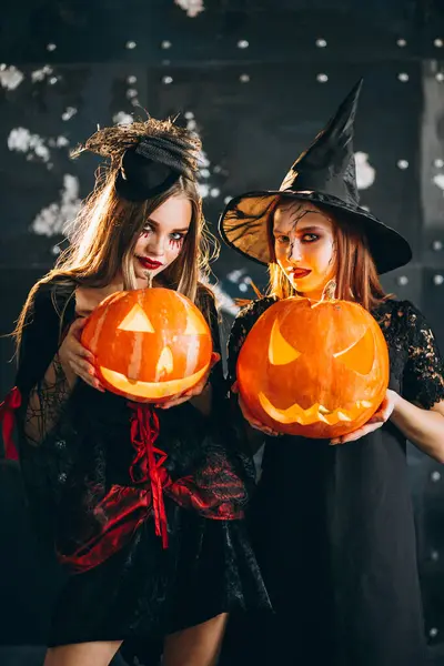 Two Girls Halloween Costumes Studio — Stock Photo, Image