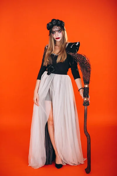 Mujer Disfraz Halloween Estudio —  Fotos de Stock