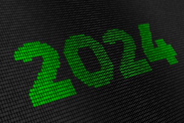 Mutlu yıllar 2024! Kalın 2024 yeşil basamaklı bir ekranda eğik kaydırma efektiyle yazıldı