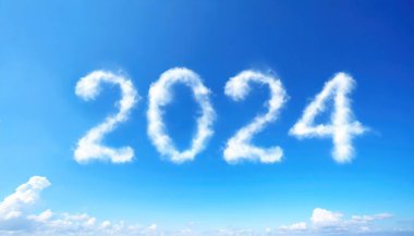 Mutlu yıllar 2024! 2024 şekilli bulutlu mavi gökyüzü
