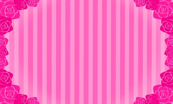 Pink rose frame on striped background. Striped pattern illustration.