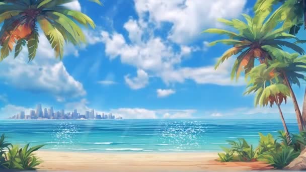 Zomer Strand Scene Met Palmbomen Zee Cartoon Anime Illustratie Stijl — Stockvideo