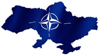NATO Ukrayna Bayrağı 'nda. NATO-Ukrayna bayrağı dalgalanıyor. Ukrayna 'da NATO bayrağı rüzgarda sallanan video görüntüleri. Ukrayna 'da NATO Bayrağı 4K Canlandırması