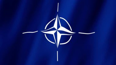 NATO Bayrağı. Ulusal 3D NATO bayrağı sallanıyor. NATO 'nun rüzgarda dalgalanan görüntülerinin bayrağı. NATO 4K Canlandırması Bayrağı