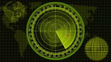 Radar navigasyonu nesneler arıyor. Siyah arkaplanlı basit Radar taraması. Döngü taranıyor.
