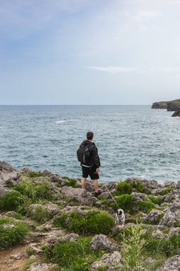 Sırt çantalı olgun bir adamın, doğada köpeğiyle denize bakışının arkası. Seyahat ve doğa kavramı