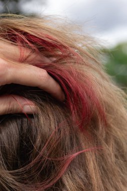 Genç bir kızın bol kahverengi saçlarının yakın plan ayrıntıları, kırmızı renkli gölgeler ve elleri saçlarının arasında. Doğal ışık ve seçici odaklanma. Renk, röfle ve saç kesimi kavramı. Güzellik ve moda