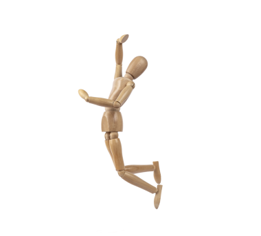 Tahta insan figürü sevinç simgesi olarak zıplıyor. Şeffaf arkaplanı olan PNG. Mutluluk ve neşe kavramı