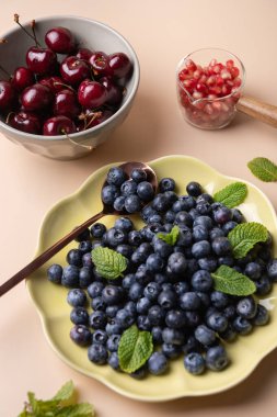 Yaban mersini, kiraz ve nar tabakta ve kaplarda hafif arka planda ve nane yapraklarıyla süslenmiş. Doğal yemek ve sağlıklı beslenme konsepti