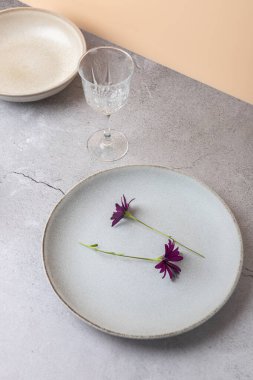 İki menekşe çiçekli açık gri plaka, kristal cam ve taş yüzey. Yumuşak ışık ve şeftali arkaplan. Modern masa ve bahar dekorasyonu kavramı