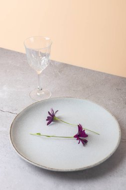 Mor çiçekli ve kristal camlı seramik tabak. Şeftali arkaplan ve minimalist stil. Uzayı kopyala. Basit güzellik, huzur ve zarif masa kavramı.