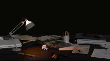 Okul malzemeleri ahşap bir masa üzerinde siyah arka plan