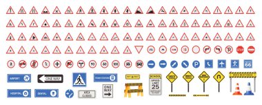 Yol işaretleri vektörü, trafik işareti, otoyol uyarısı, öncelik, yasaklama işaretleri koleksiyonu. Avrupa trafik işaretleri koleksiyonu. Vektör illüstrasyonu.