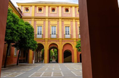 Lebrija Kontesi 'nin sarayının canlı avlusu Sevilla, İspanya, büyüleyici mimari ve yemyeşil sergileniyor.