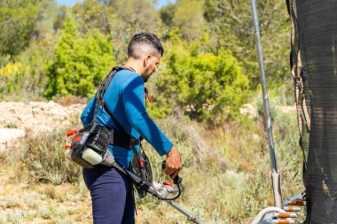 Profesyonel bahçıvan meyve koruması için anti-dolu ağlarının yanında fırça kullanıyor.