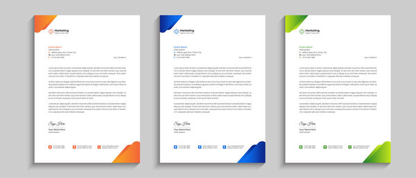 Modern Clean and Creative business letterhead design template. Abstract Professional company letterhead template design with orange, blue, and green colors.