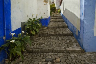 OBIDOS, PORTUGAL, 13 Nisan 2022. Portekiz, Obidos 'taki eski sokaklardan biri..