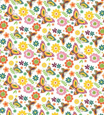 Çiçek desenli vektör. çiçekler ve kelebekler, kuşlar, çiçekler, kelebekler ve yapraklar, beyaz arkaplanda pürüzsüz desen.
