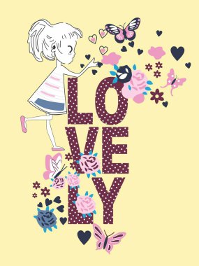 Seni seviyorum. Bir kız ve bir kuşun vektör çizimi.