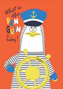 Penguen kuş çarklı tekne gezintisi çizimi. el çizimi resimleme.