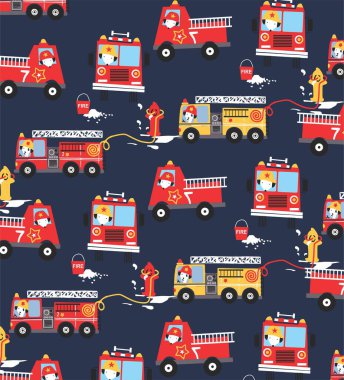 Kamyon, itfaiye, itfaiye, itfaiye, kamyon ve kamyonla çizilmiş şirin bir çizgi film çizimi. Çocuklar ve kumaşlar için tasarım
