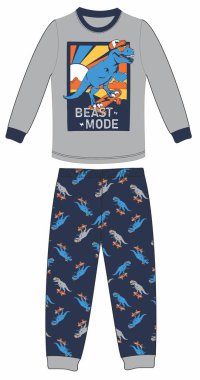 Yakışıklı çocuk beyaz arka planda roketli pijama ve oyuncak giyiyor. vektör illüstrasyonu.